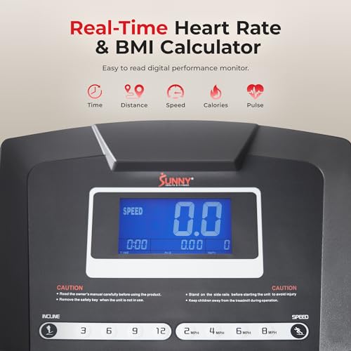 Sunny Health & Fitness Premium Smart Treadmill with Auto Incline, Dedicated Speed Buttons, Double Deck Technology, Digital Performance Display, BMI Calculator and Pulse Sensors - SF-T7515SMART
