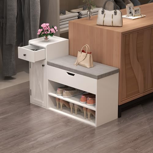 Loomie Shoe Storage Bench, 2-Tier Farmhouse Entryway Bench with Sliding Barn Door Storage Cabinets & Full Soft Removable Seat Cushion, Silm Shoe Rack with Shoe Cabinet for Entryway, Hallway, Bedroom