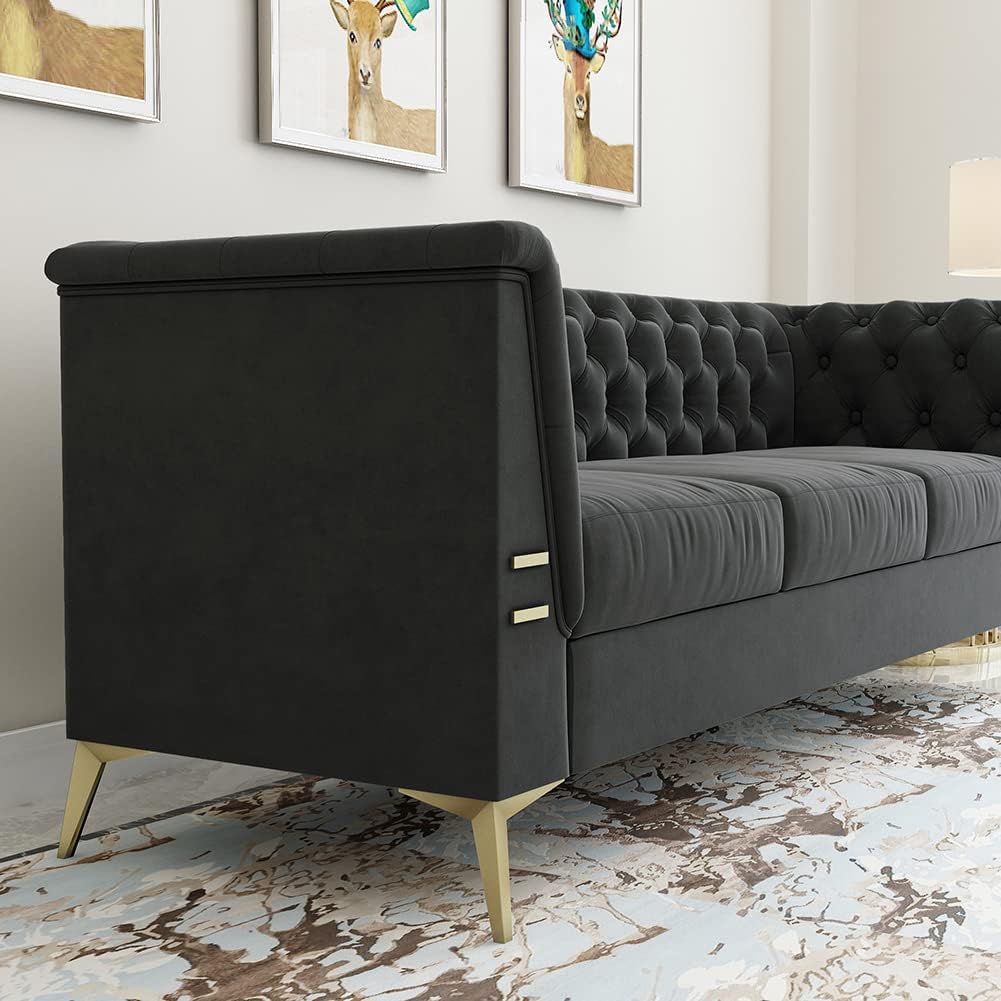 WILLIAMSPACE Chesterfield Sofa 3 Seater Couches Upholstered Tufted Velvet Sectional Sofa for Living Room/Office/Apartment - Dark Grey