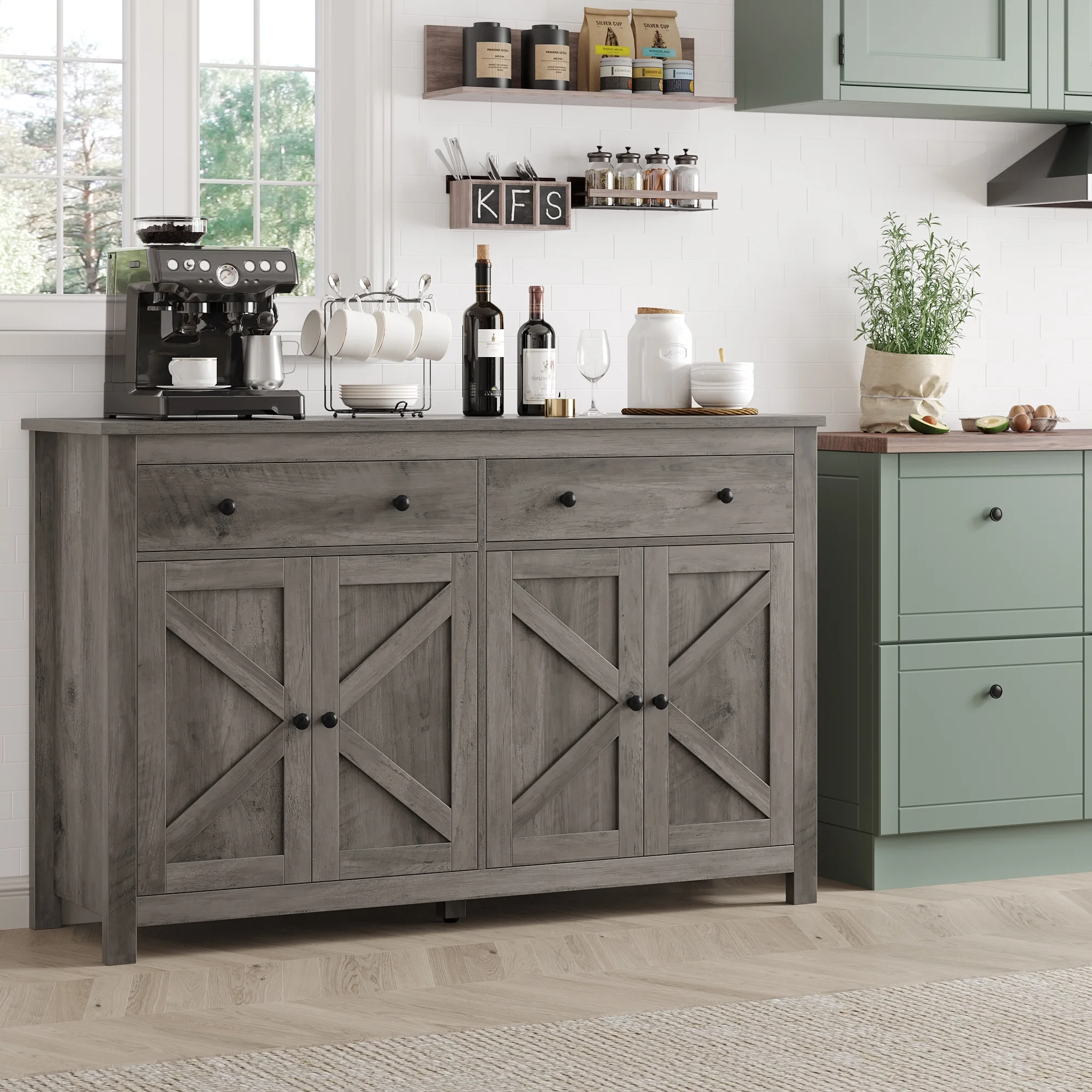 Homfa Farmhouse Kitchen Sideboard, 4-Doors 2-Drawers Wood Buffet Cabinet with Adjustable Shelves, Gray