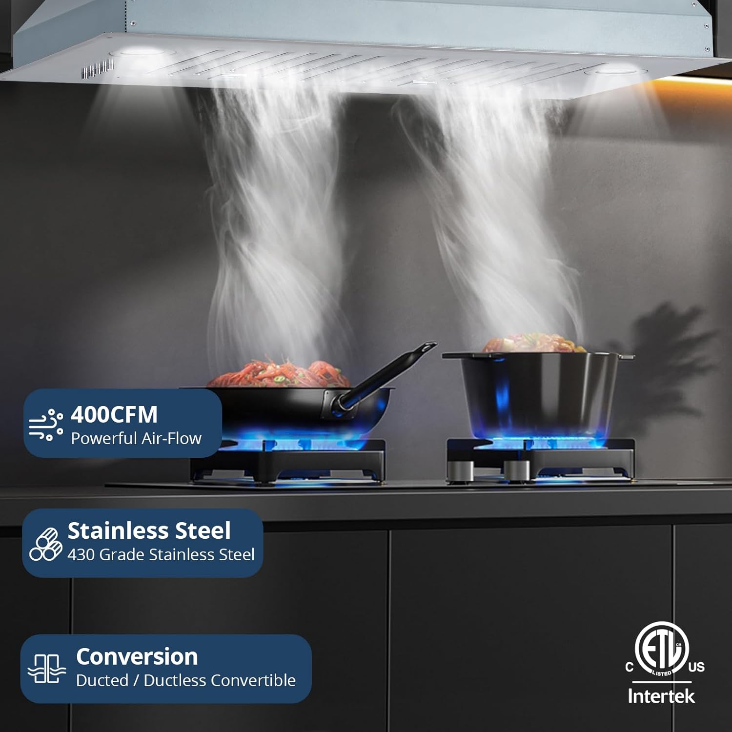 Range Hood, 30 inch Built-in Vent Hood with Stainless Steel Baffle filters 400CFM for Insert Stove Kitchen