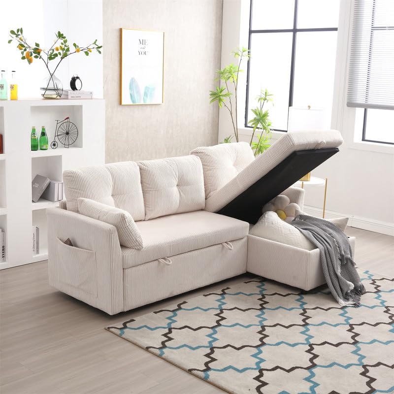 Couches for Living Room, Convertible Sectional Sofa Couch L Shaped Couch with Reversible Chaise & 2 Pillows, Built-in Side Pocket & Handle, 3-seat Modular Sectional Sofa for Small Space, Orange