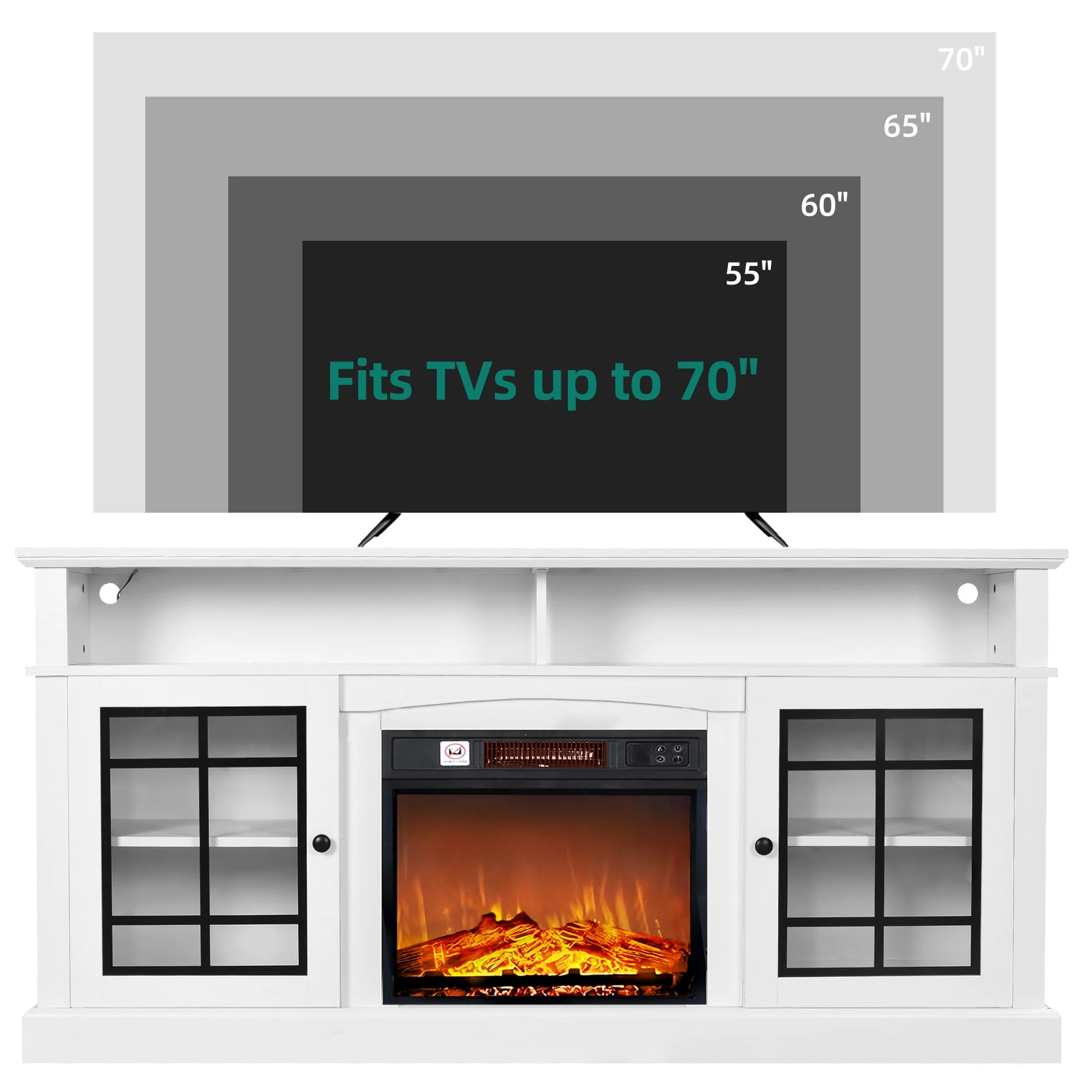 Dextrus LED Fireplace TV Stand for TVs up to 70" w/ Acrylic Glass Door, Farmhouse Highboy Entertainment Center with Electric Fireplace, White