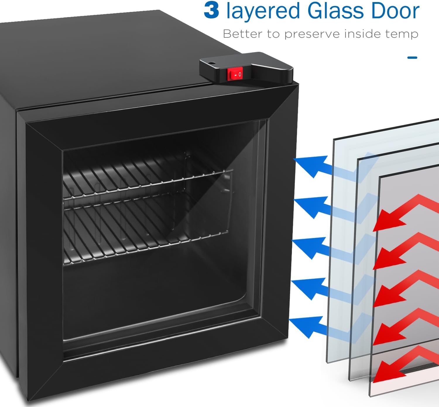 ADT Mini Freezer with Display Glass Door 1.1 Cu Ft Small Freezer with 2 Removable Shelves 7 Temperature Settings -8°F to 14°F Perfect for Liquor and Ice Cream
