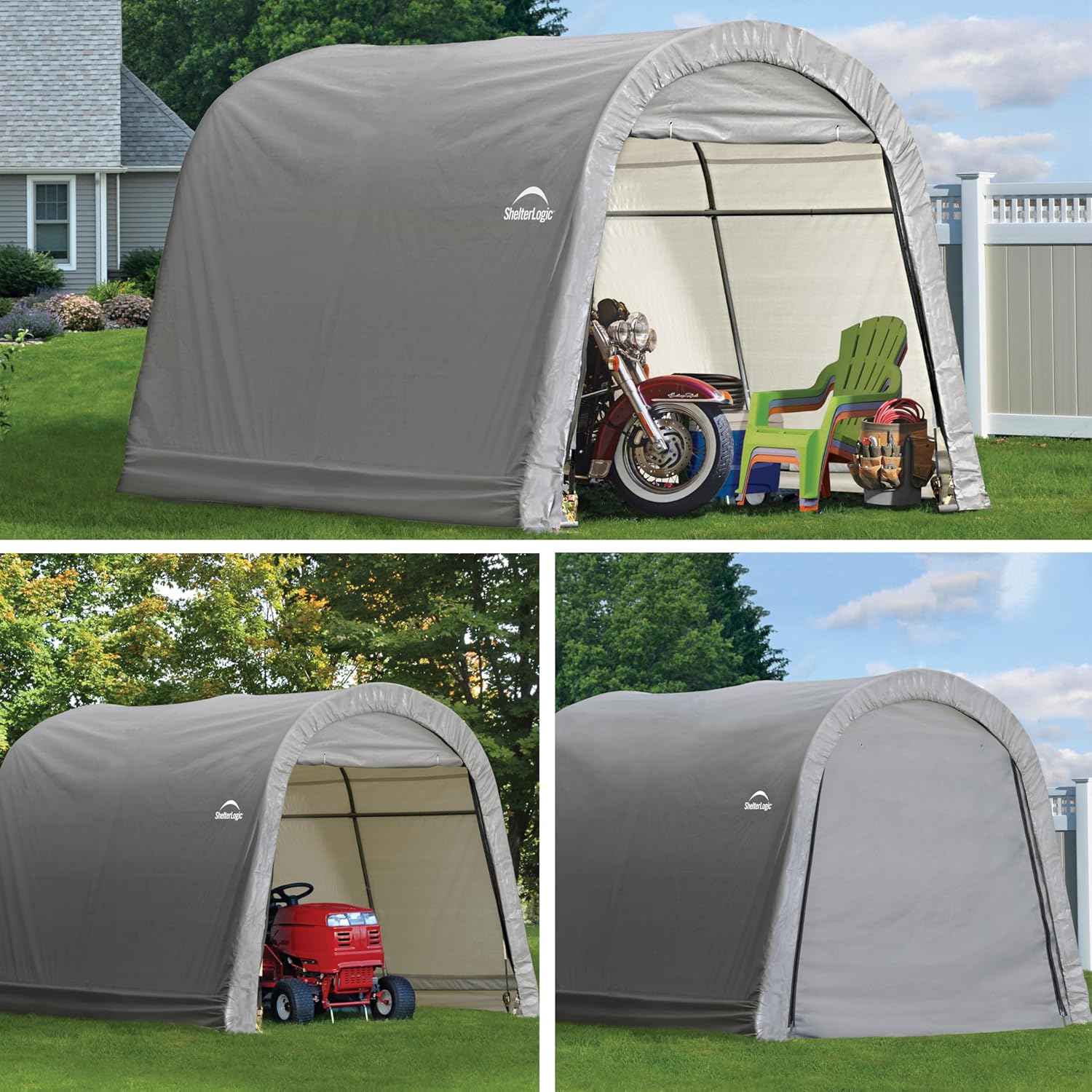 ShelterLogic 10' x 10' Steel Shed-in-a-Box Round & Peak Roof Outdoor Storage Sheds with Waterproof Covers, Grey