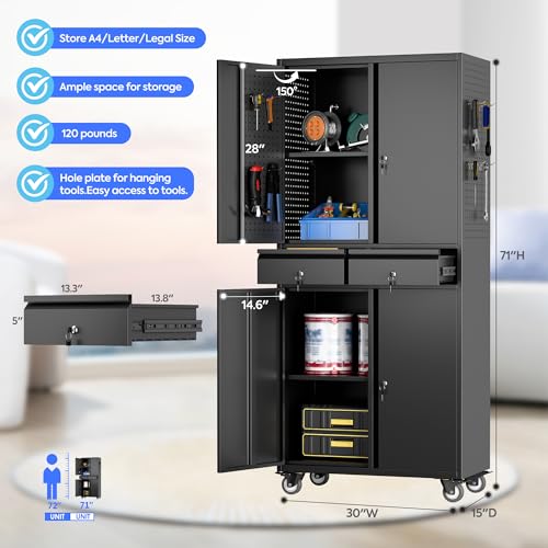 73" H Metal Storage Cabinet with Wheels, Garage Storage Cabinet with 4 Adjustable Shelves and Lockable Doors for Garage Home Office Utility Room,Required Assembly,Black