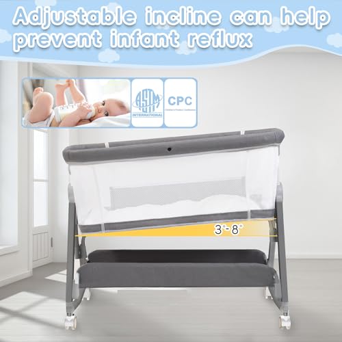 Bedside Bassinet for Baby, 3 in 1 Baby Bassinet Bedside Sleeper, Height Adjustable Bedside Crib, Rocking Bassinet with Wheels, Storage, Mattress, Mosquito Net, Newborn Portable Bassinet