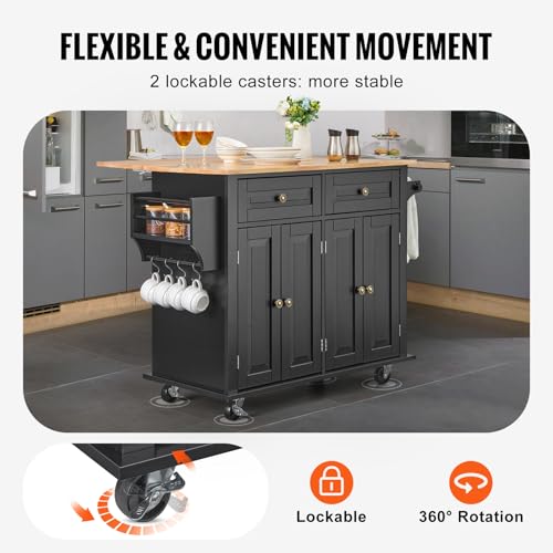 VEVOR Kitchen Island Cart with Solid Wood Top, 35.4" Width Mobile Carts with Storage Cabinet, Rolling Kitchen Table with Spice Rack, Towel Rack, and Drawer, Portable Islands on Wheels, White