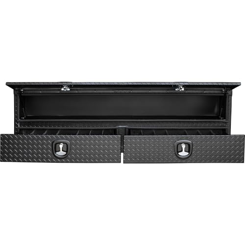 Buyers Products 1701578 Aluminum Heavy-Duty Flatbed Contractor Truck Tool Box With One Lower Door, Aluminum Diamond Tread, 21 x 18 x 72 Inch, Made In The USA, Contractor Job Box For Bed Of Truck