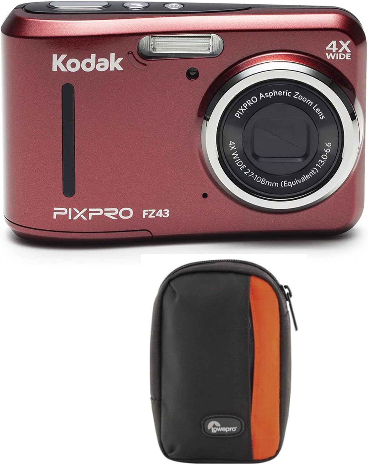 KODAK PIXPRO FZ43 16 MP Digital Camera (Red) Bundle with Newport 10 Camera Case (Black/Pepper Red)