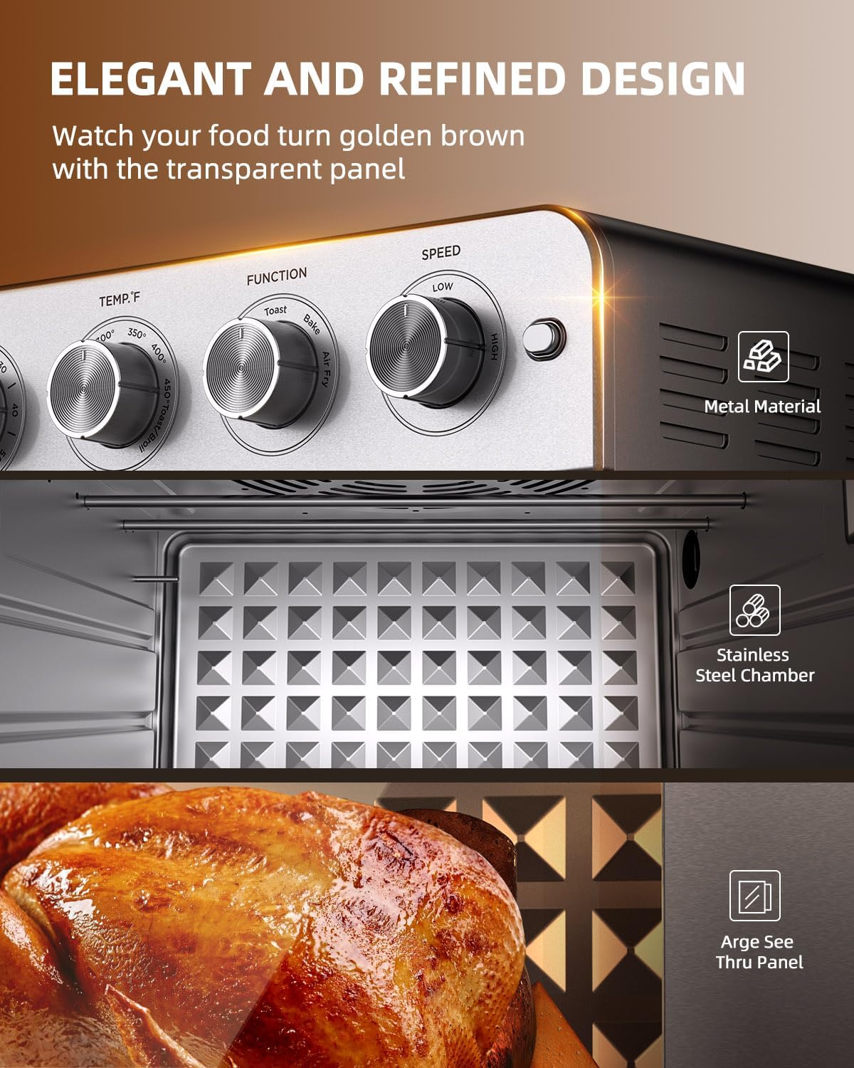 Air Fryer Toaster Oven Combo, 22QT Air Fryer Oven, 5-In-1 Toaster Oven Air Fryer Combo With Warm, Broil, Toast, Bake, Air Fry, Toaster Convection Oven Oil-Free, Stainless Steel Air Fryer