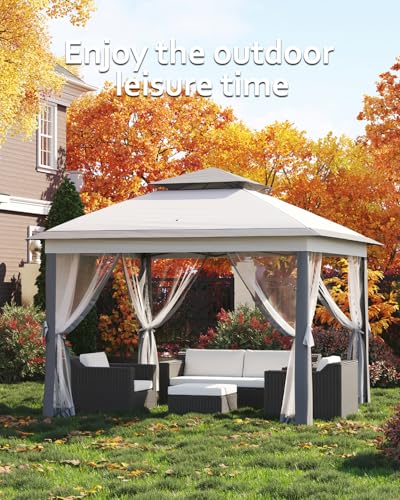 11x11 Pop Up Gazebo Tent with Mosquito Netting, Outdoor Canopy Shelter Easy Setup, Water & UV Resistant - Khaki