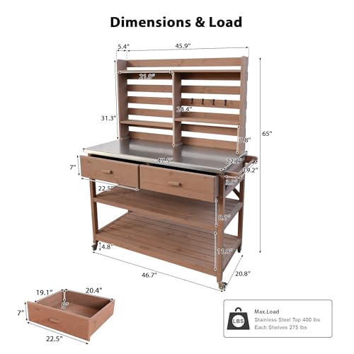 Outdoor Wooden Potting Bench Table – Farmhouse Garden Workstation with Drawers, Cabinet & Storage Shelves, Large Fir Wood Work Table for Patio, Backyard, Mudroom, Greenhouse (Light Brown, 66''H)