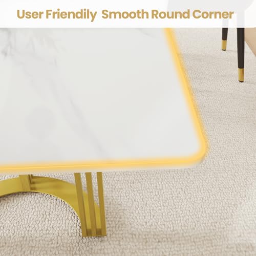 Modern Rectangle Marble Dining Table,63" White Marble Sintered Stone Top Dining Table with Gold Trestle Pedestal,Faux Marble Kitchen Dinner Table for Dining Room/Living Room/Office (Table Only)