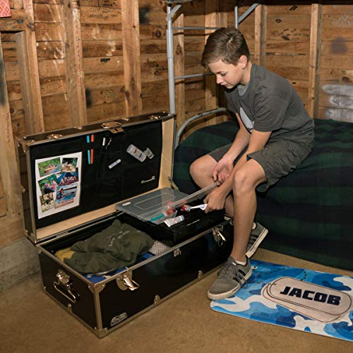 C&N Footlockers - Full-Size Happy Camper Trunk w/Tray - #1 Summer Camp Trunk - Made in the USA - Steel Footlocker with Lid Stay - 32 x 18 x 13.5 Inches (Navy)