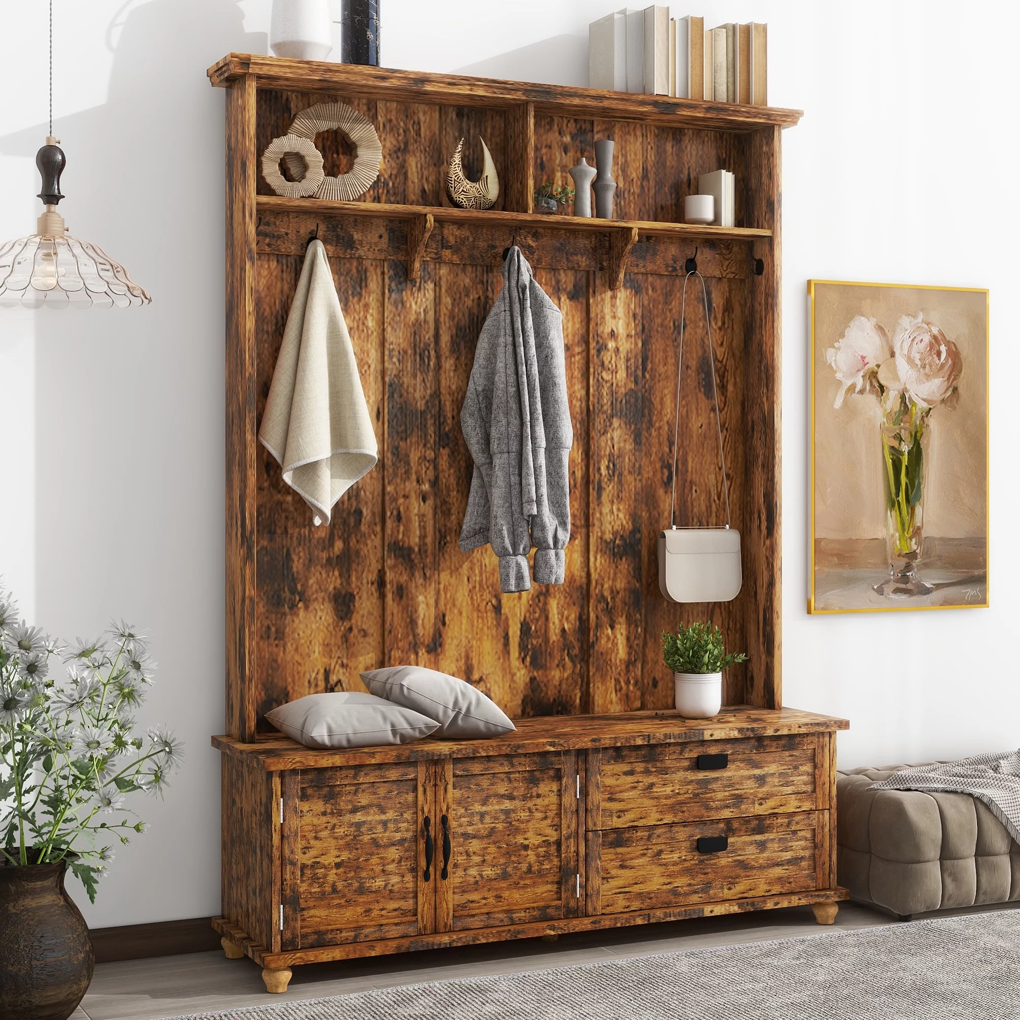 Modern Style Hall Tree with Storage Cabinet and 2 Large Drawers, Widen Mudroom Bench with 5 Coat Hooks, Rustic Brown
