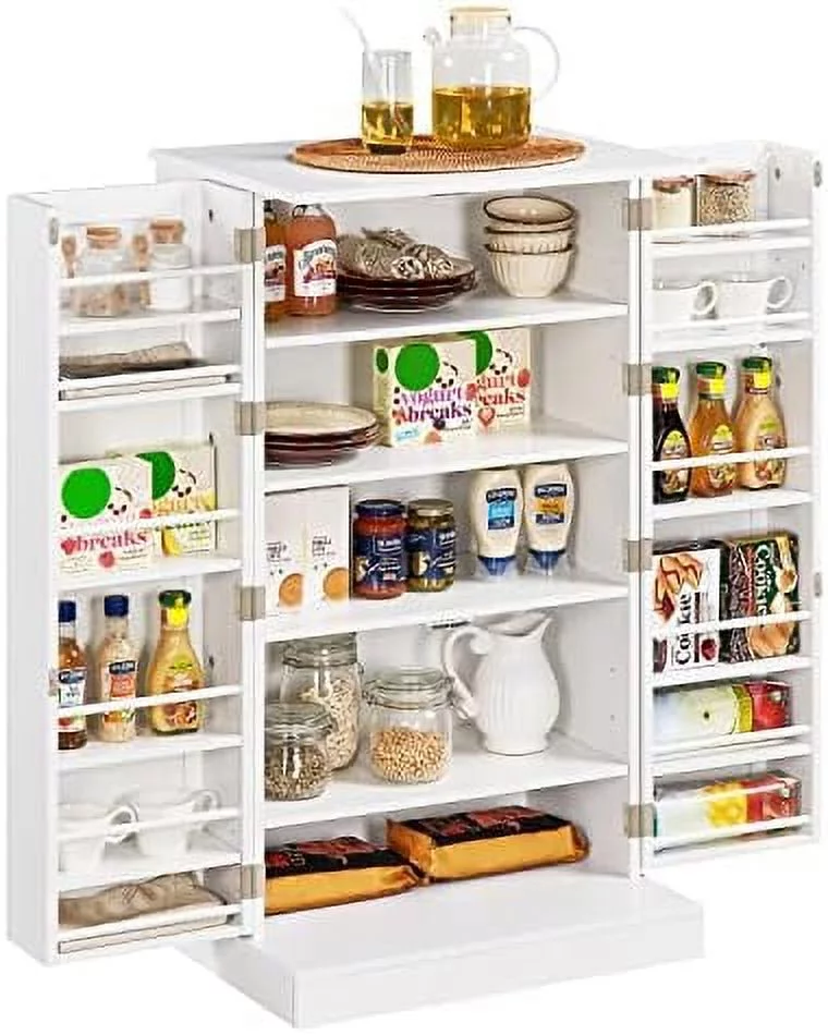 Kitchen Pantry Cabinet, Storage Cabinet Cupboard With Doors And Adjustable Shelves For Small Space, Wood Farmhouse Pantry Cupboard For Kitchen, Dinning Room, Living Room, White