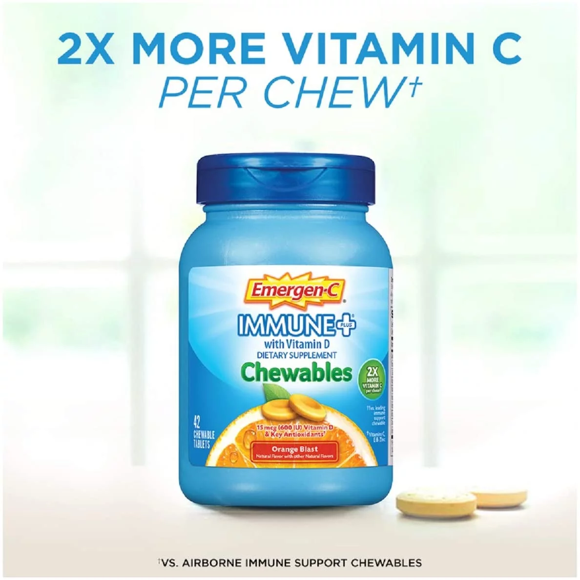 Emergen-C Immune+ Chewables System Support Dietary Supplement Tablet With 600 IU Vitamin D, Orange Blast Flavor 42 ea (Pack of 6)