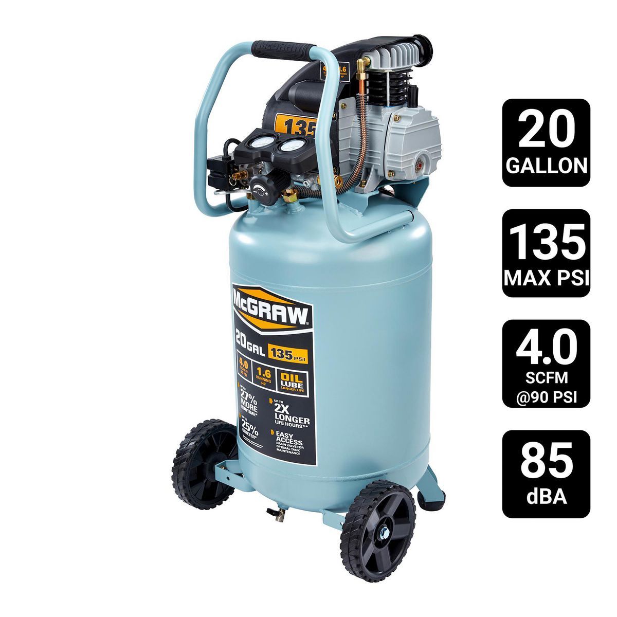 MCGRAW 20 Gallon, 135 PSI Oil-Lube Vertical Shop/Auto Air Compressor