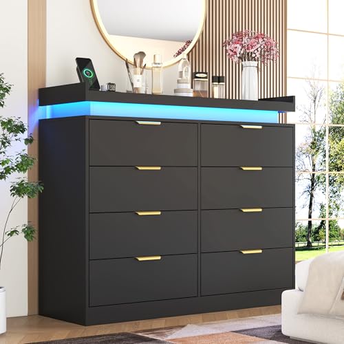White Dresser with LED Lights, Wooden LED Dresser, 4 Drawer Chest with Charging Station, Tall Chest of Drawer Closet Organizer for Bedroom, Living Room, Entryway, Hallway