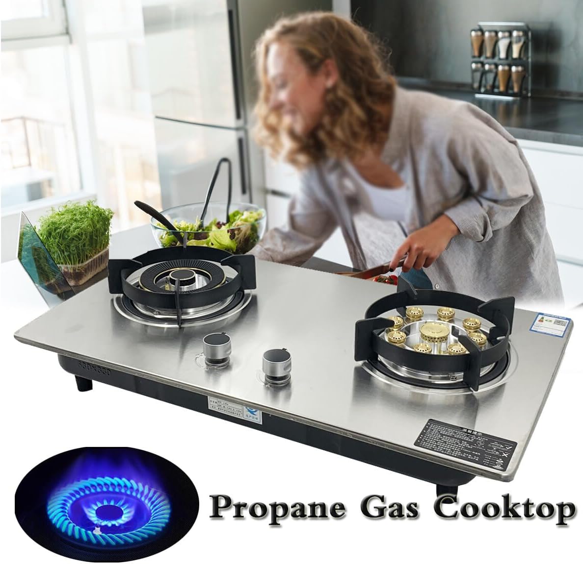 28 inch 2 Burners Cooktop, Built-in Stainless Steel StoveTop LPG Gas Hob with Thermocouple Protection for Outdoor, Kitchen, Camping, RV
