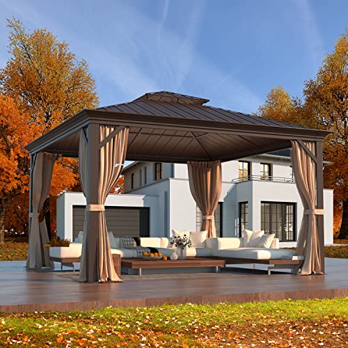 EROMMY 14'x20' Hardtop Gazebo Double Roof Galvanized Steel Canopy Outdoor Aluminum Frame Permanent Metal Pavilion with Netting and Curtains for Patio Backyard Deck and Lawns