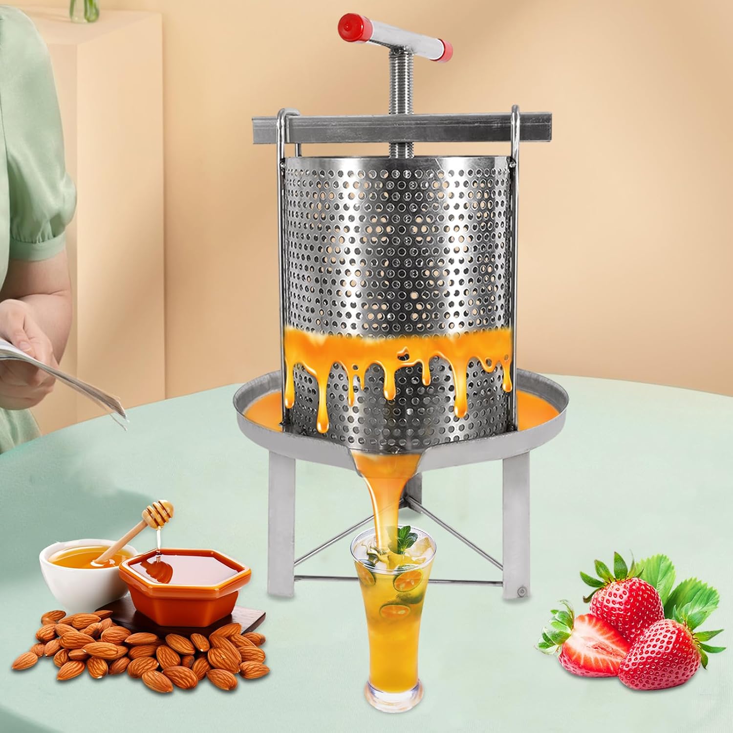 Manual Honey Presser, Mesh Honey Press Machine Honey Extractor Stainless Steel Beekeeping Extraction, Honey Bee Spinner Beekeeping Apiary Centrifuge Equipment, Silver