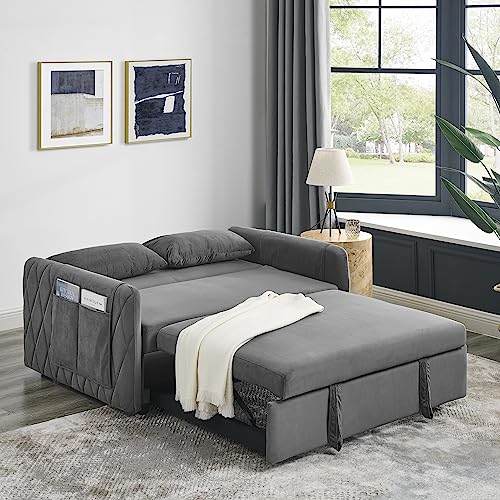 55" Modern Convertible Sofa Bed with Pull Out Bed - Velvet Loveseat Sofa Sleeper Sofa Couch Futon Sofa Bed Couch Chaise Lounge with 2 Detachable Arm Pockets, 2 Pillows for Living Room (Black)