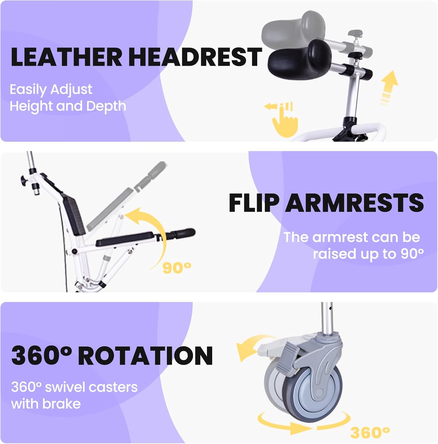 Reclining Shower Chair, Medical Shower Chair with Arms and Back Hospital Toilet Chair, Potty Chair for Adults Bathroom Wheelchairs with Soft Seat Cushions and Safety Belts