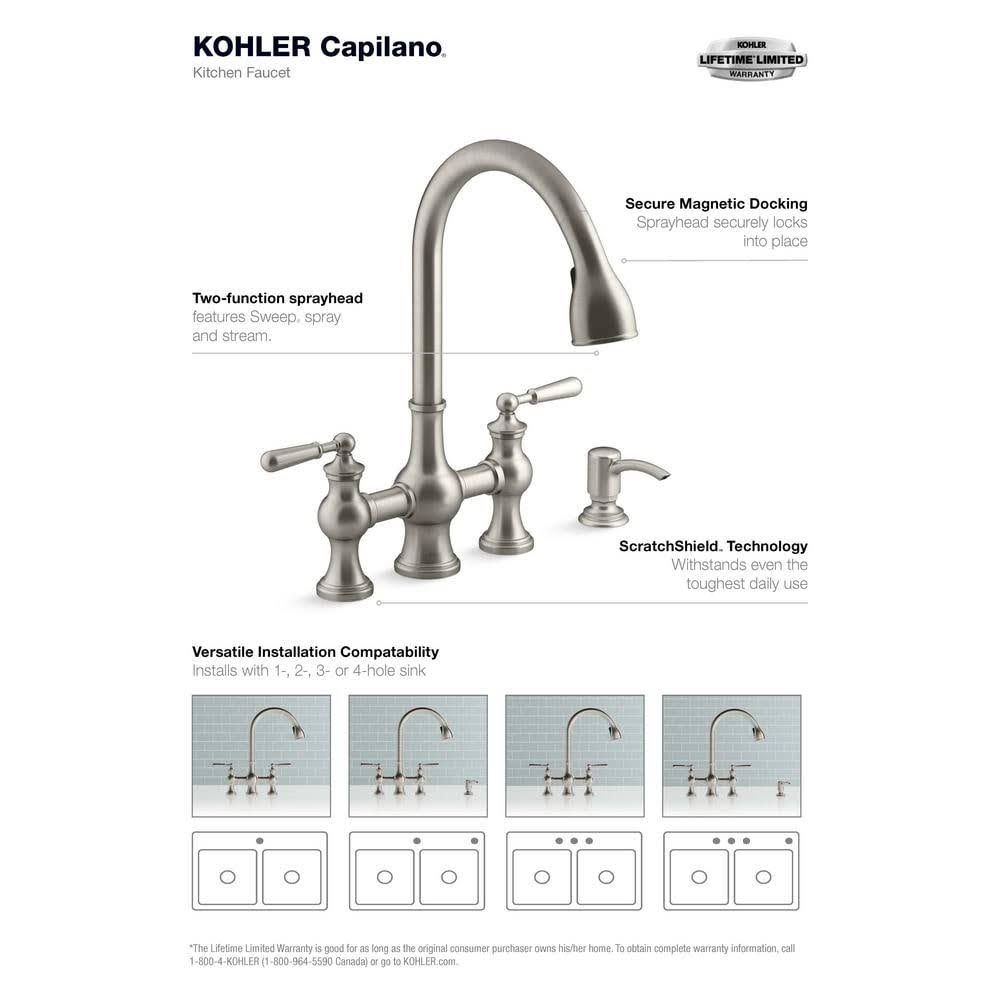 Kohler Capilano 2-Handle Bridge Farmhouse Pull-Down Kitchen Faucet with Soap Dispenser