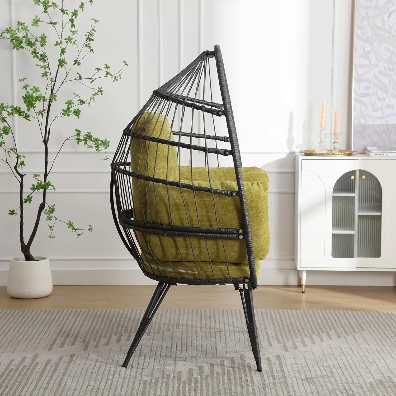 Wicker Egg Chairs Outdoor Set of 2, Oversized Rattan Chairs Indoor with Solid Stand, Comfy Patio Basket Chairs with Soft Cushions, Modern Lounge Chairs with a Cute Toy for Patio, Balcony, White