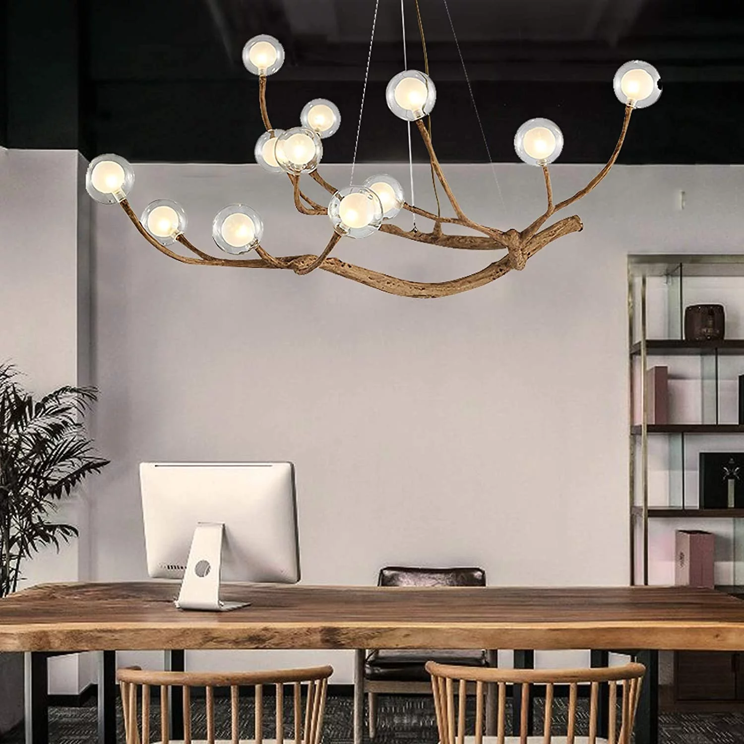 Miumaeov Modern Wood Branch Chandelier, 12 Lights Glass Bubble LED Pendant Ceiling Light, Adjustable Hanging Vintage Flush Mount Ceiling Light Fixture