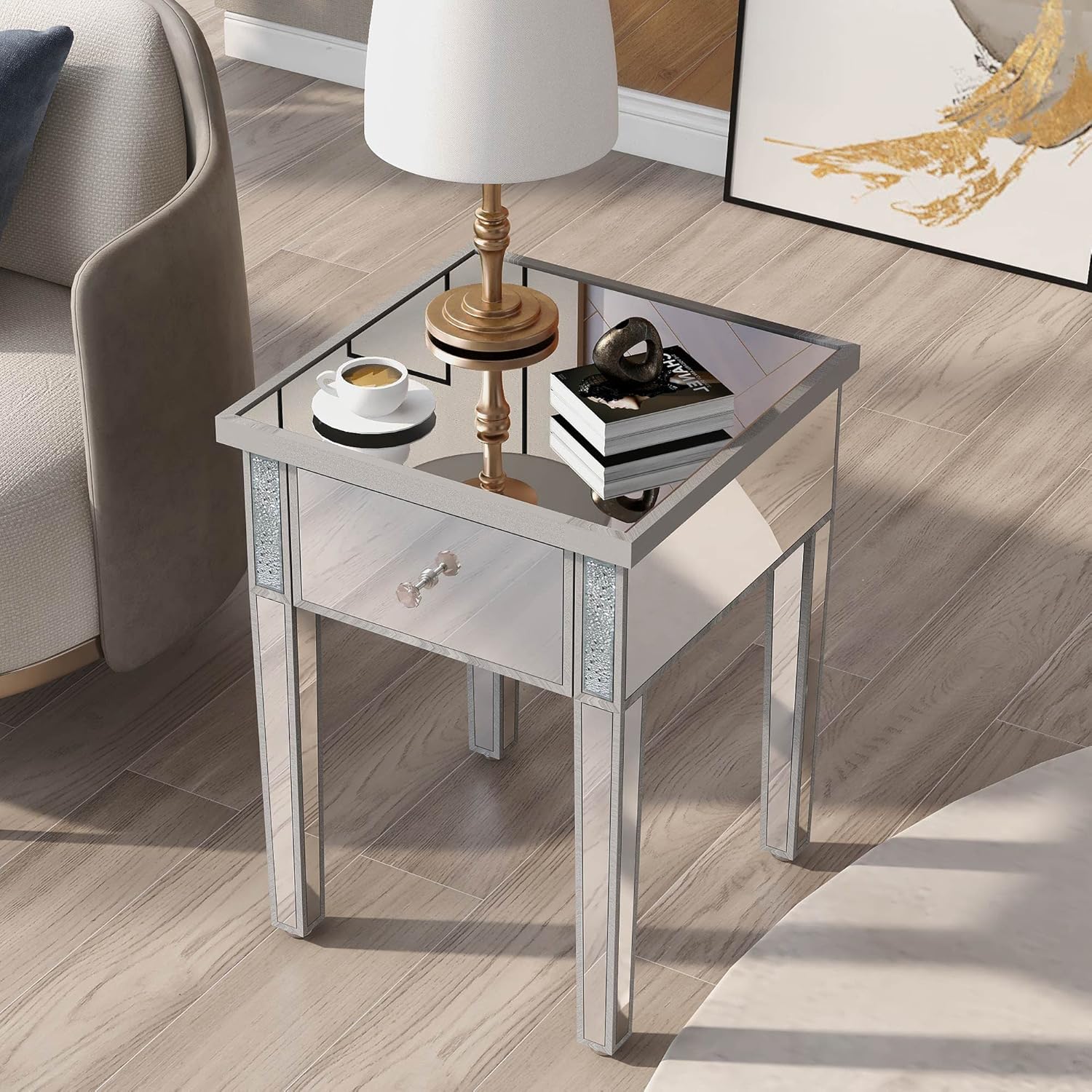 Modern Glass Mirrored End Table with Drawer, Corner Table with Crystal Handles and Adjustable Height Legs for Living Room, Silver