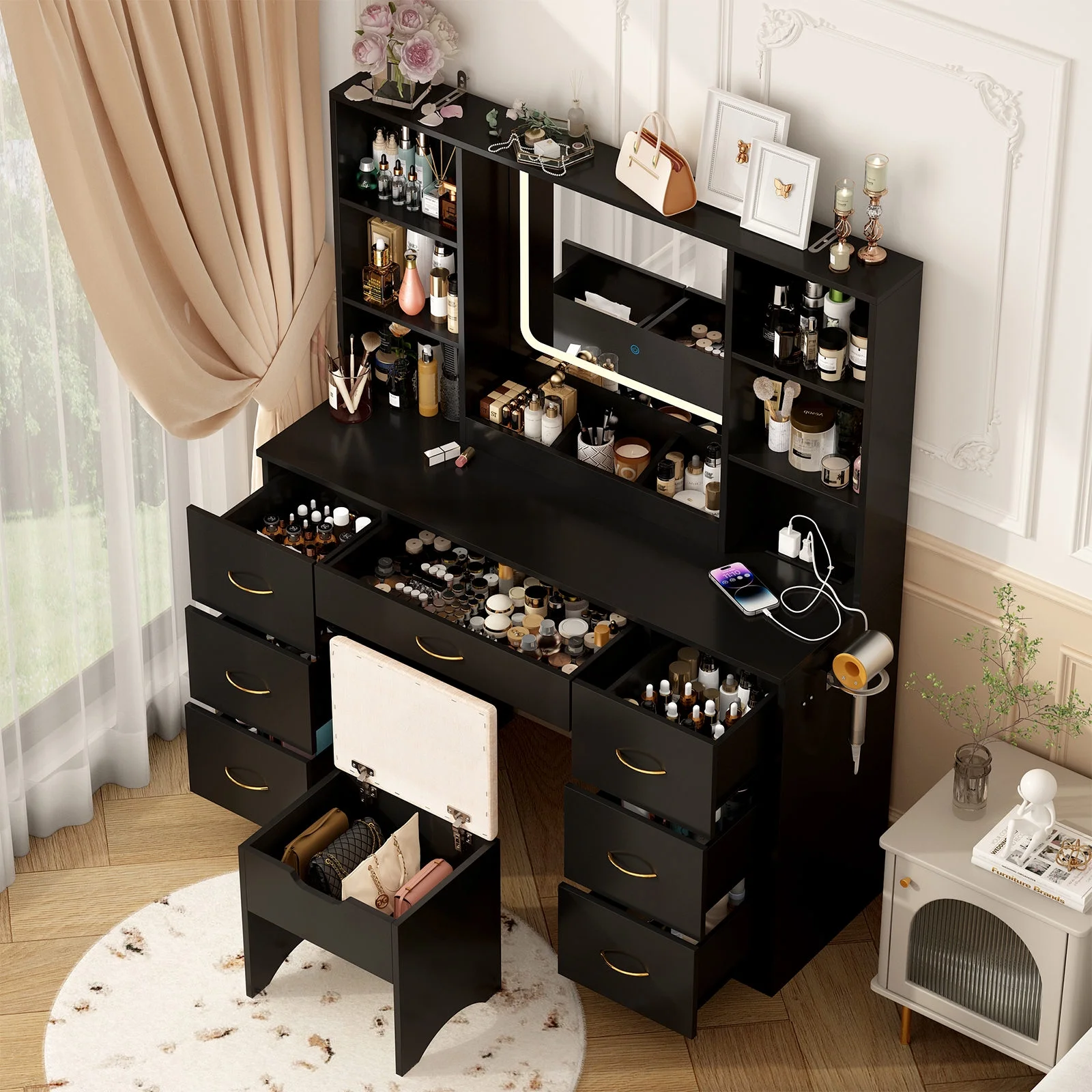 47" Large Vanity Desk with LED Lighted Mirror & Power Outlet & 7 Drawers, Makeup Vanity Table Set with Storage Stool and Hair Dryer Rack, Black