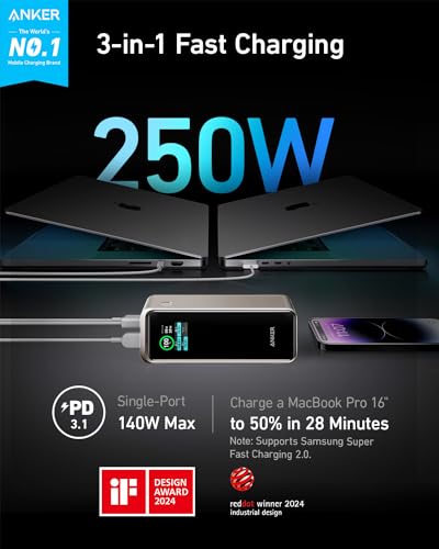 Anker Prime 27,650mAh Power Bank (250W) with 100W Charging Base, 3-Port Portable Charger, Smart App, Compatible with iPhone 15/15 Plus/15 Pro/15 Pro Max/14 Series, MacBook, Samsung, Dell, AirPods