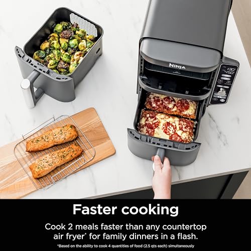 Ninja Air Fryer, 8 QT DoubleStack 2-Basket, Space Saving Design, Cooks 2lb Chicken Wings, Feeds up to 6 People, 6-in1 Air Fryer, Roast, Bake & More, Easy to Clean, Dishwasher Safe Parts, Black, SL201