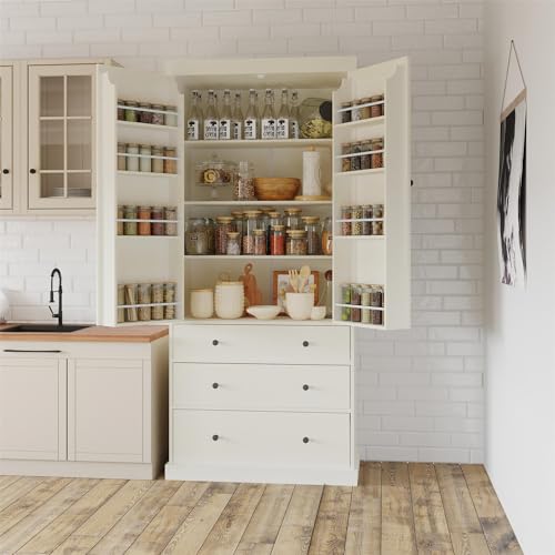 77" Kitchen Pantry with 3 Drawers, 3 Adjustable Shelves, 8 Door Racks, Large Wooden Cupboard, Freestanding Tall Cabinet for Kitchen Dining Room, Grey