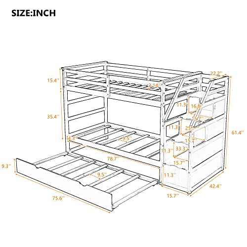 Twin-Over-Twin Bunk Bed with Trundle,Bunk Beds with Storage Stairs,Wood Bunk Bedframe for Kids, Teens, Adults, No Box Spring Needed(White)