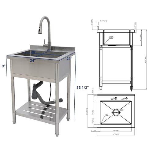 Lordear Stainless Steel Utility Sink 24 Inch - 24"x21" Freestanding Stainless Steel Kitchen Sink Single Bowl Commercial and Residential Use for Laundry Room Garage Outdoor and Kitchen
