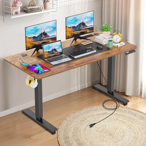 farexon Electric Standing Desk 55 x 24In with Charging Station, Stand up Desk with Oversized Mouse Pad, 2 USB Ports & 3 Power Outlets, 4 Caster, 4 Preset Heights Easy to Set（Brown）