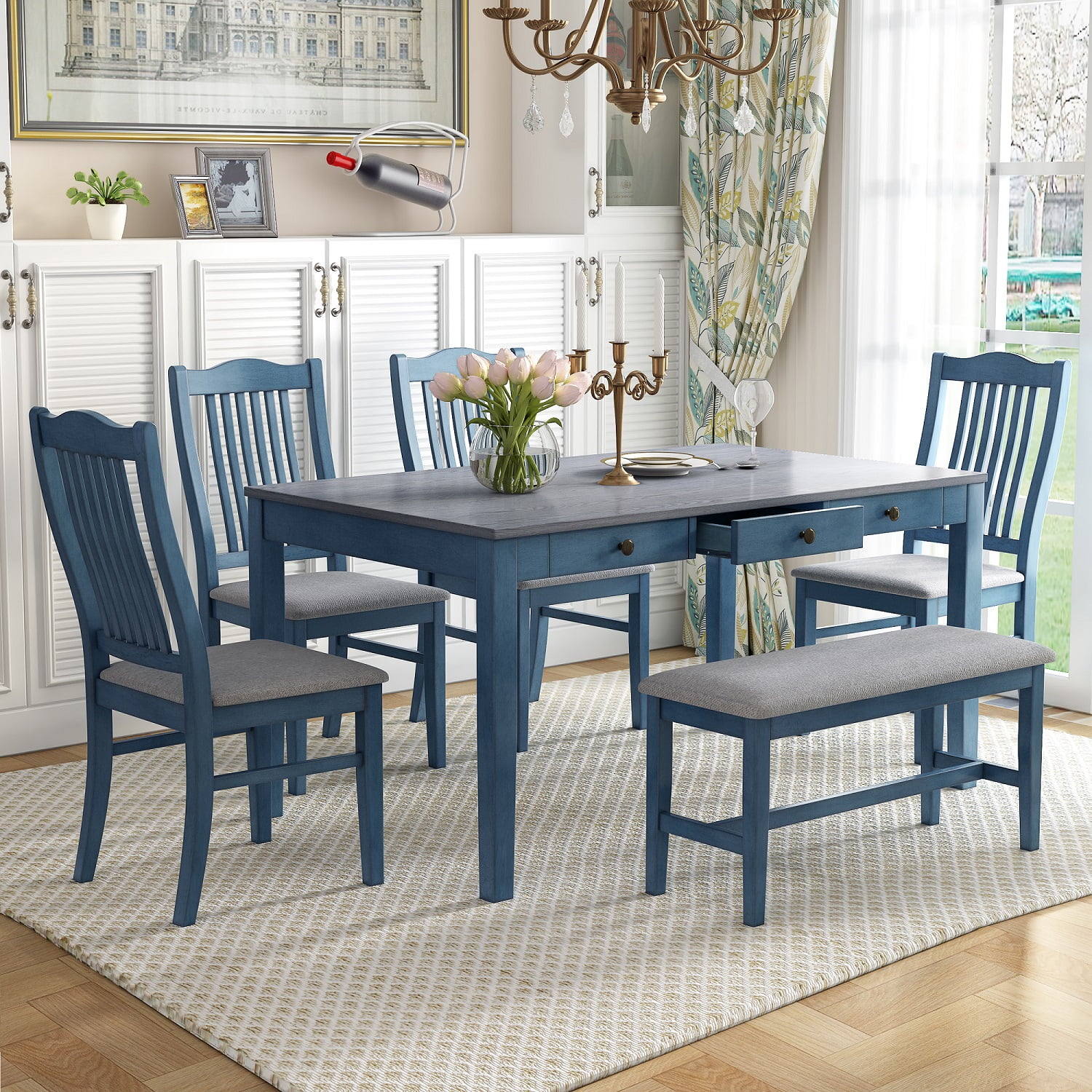 Churanty Farmhouse 6 Pieces Dining Table Set for 6,Rectangle Wood Kitchen Table with Drawer and 4 Upholstered Chairs and Bench,Antique Blue
