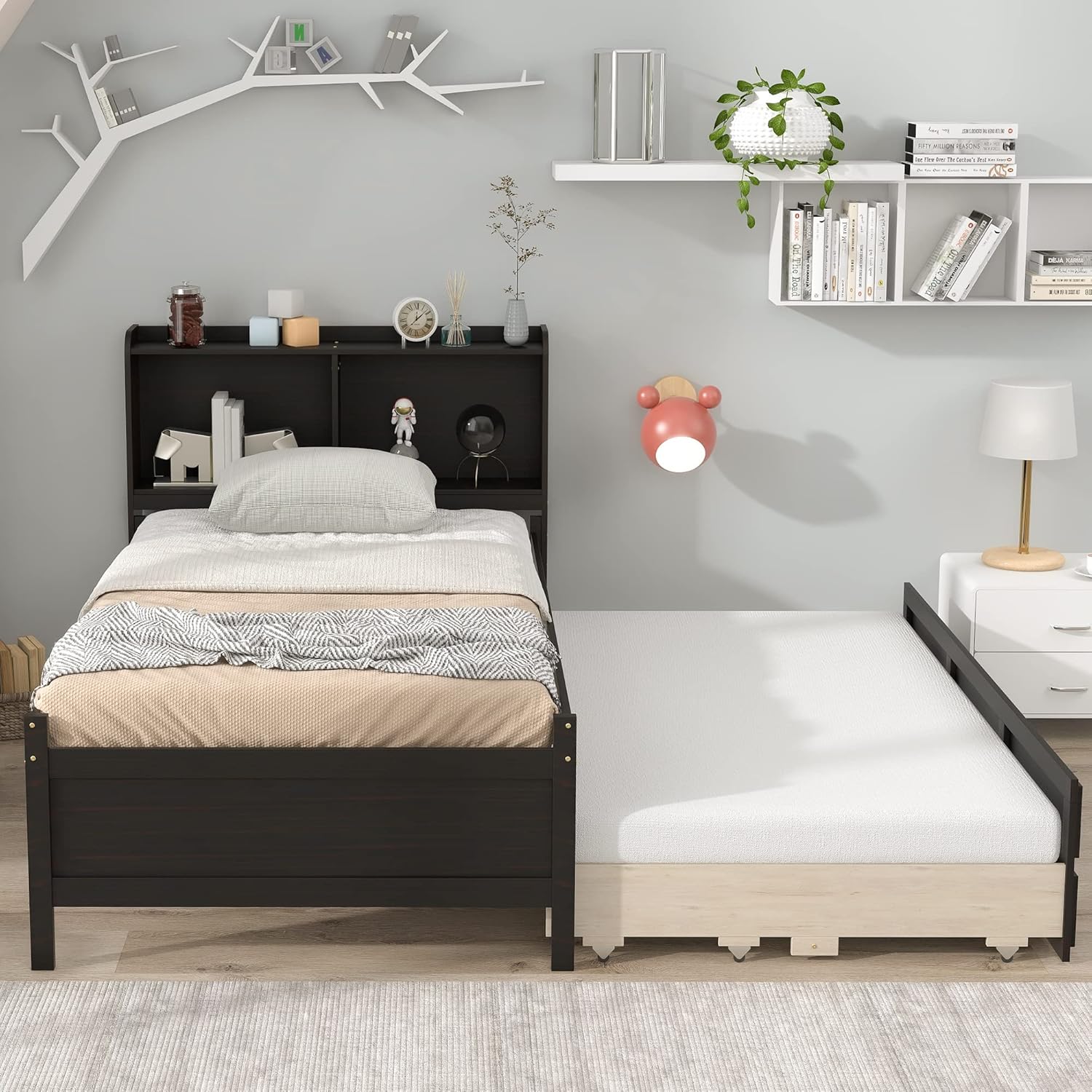 Twin Captain’s Bed with Bookcase Headboard, Wood Twin Size Bed Frame with Trundle and 3 Drawers for Kids, Teens, Adults, Espresso