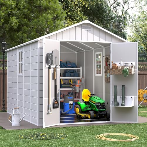 6x6FT Resin Outdoor Storage Shed, Plastic Garden Shed with Floor, Lockable Door & Window, Waterproof Tool Shed for Bike, Garbage Can, Lawn Mower, Patio Furniture Grey White