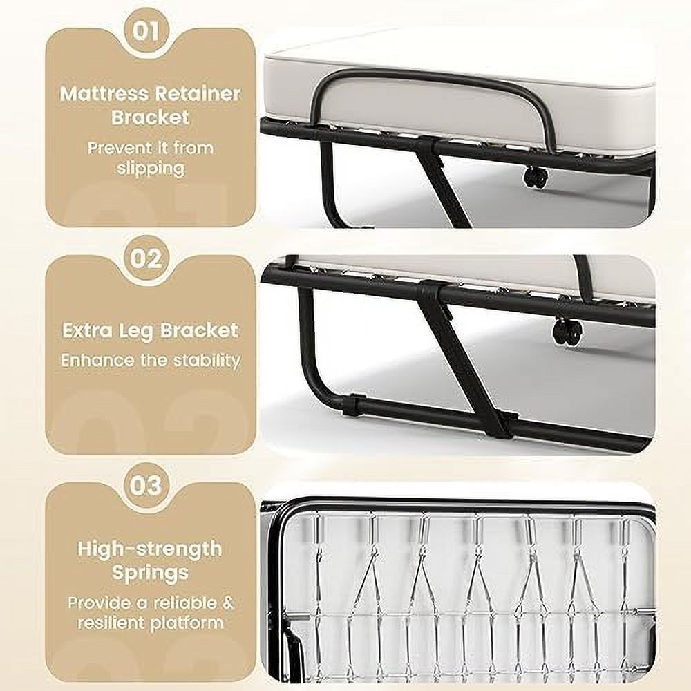 NLIBOOMLife Rollaway Folding Bed with 4 Inch Mattress for Adults  Foldable Portable Guest Bed with Memory Foam Mattress &amp; Sturdy Metal Frame  Cot Size Fold up Bed on Wheels  Easy to S