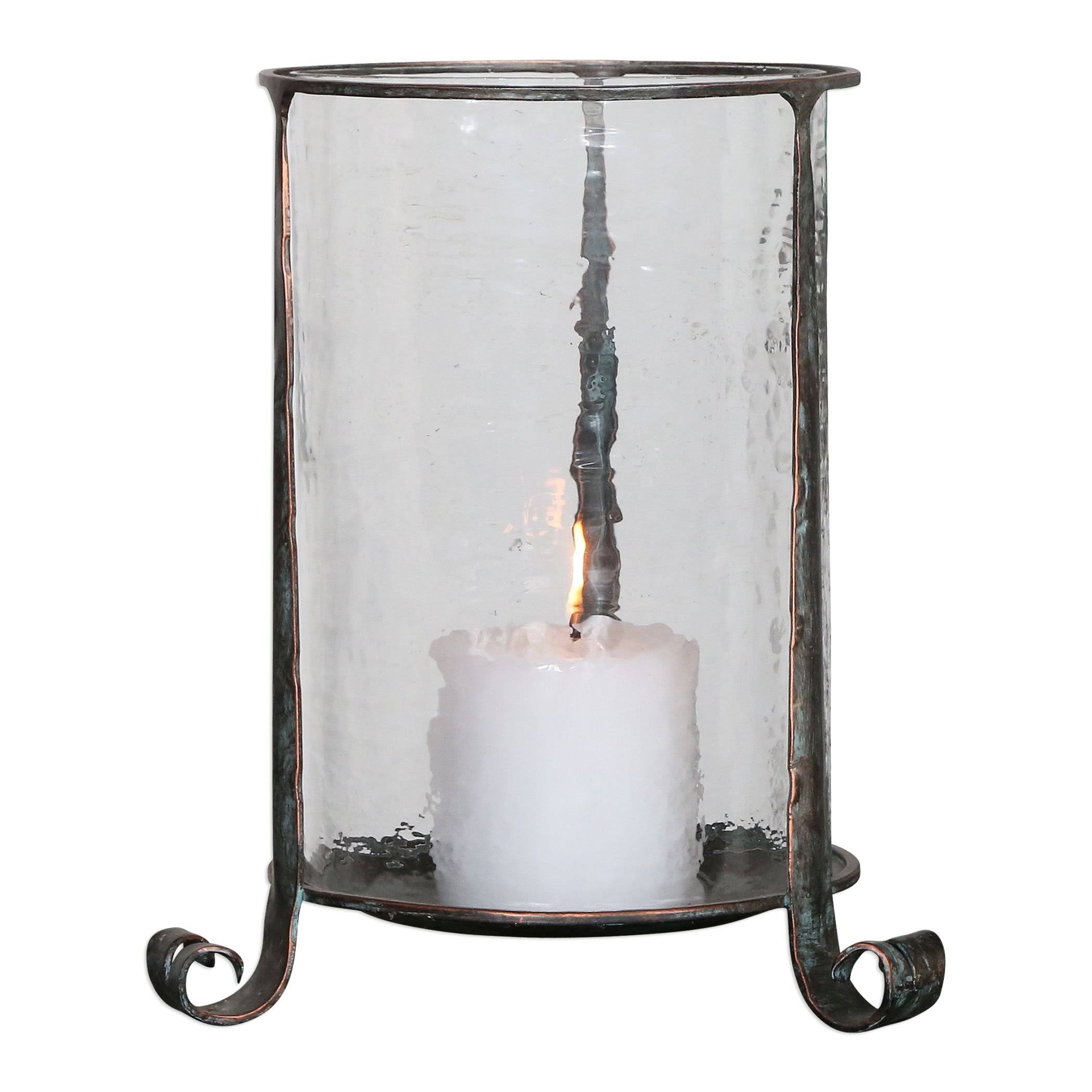 Rustic Bronze Hammered Glass Hurricane Candle Holder | Antique Pillar