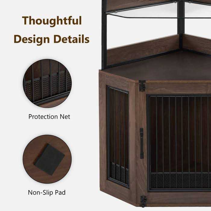 MCombo Corner Dog Crate Furniture with Glass Shelves Wooden Dog Kennel Furniture with Door - Pet Supplies online store