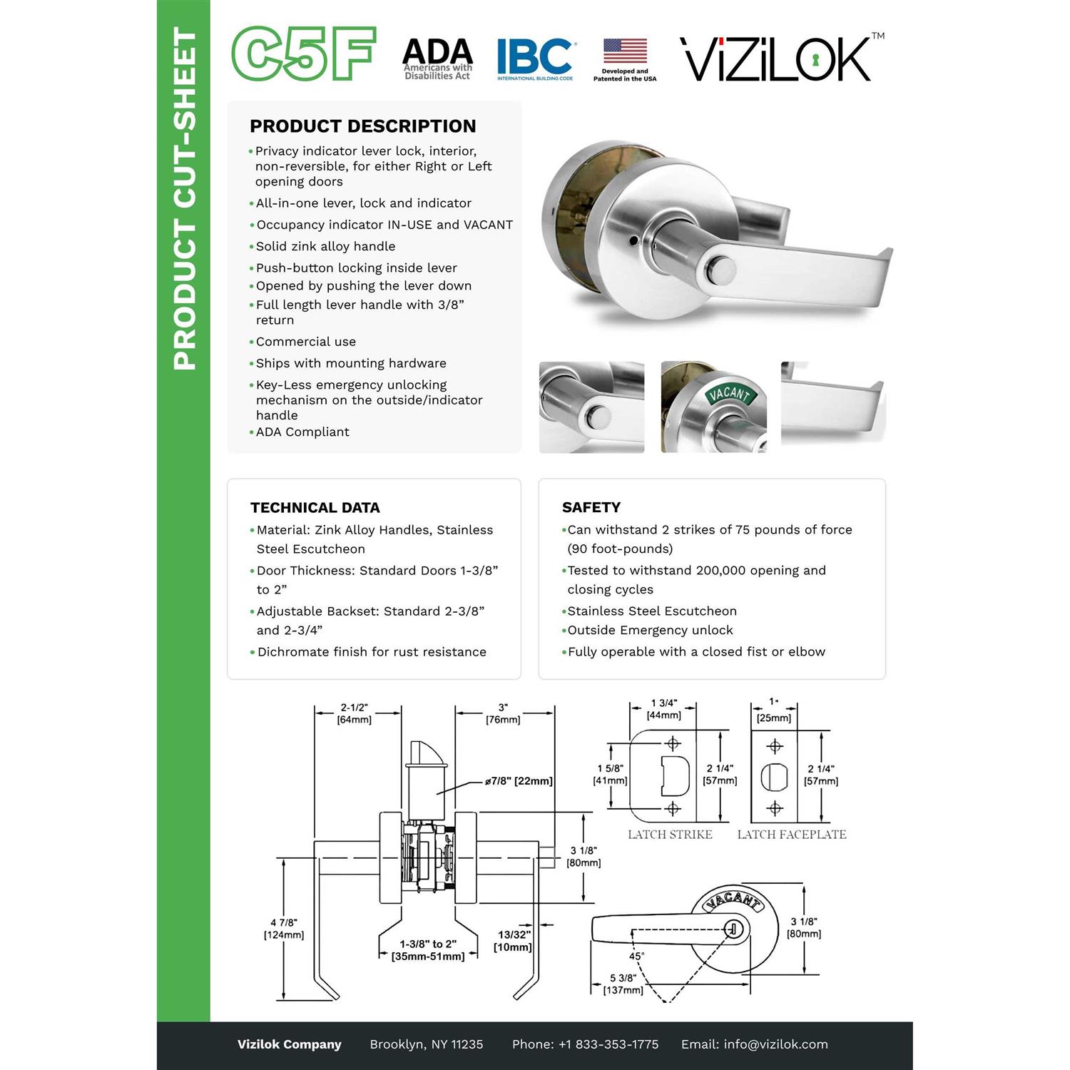 VIZILOK ADA Compliant. Commercial Grade Privacy Indicator Lock and Lever in 26D Satin Chrome Non-Reversible - Shop Hardware Tools Online Store