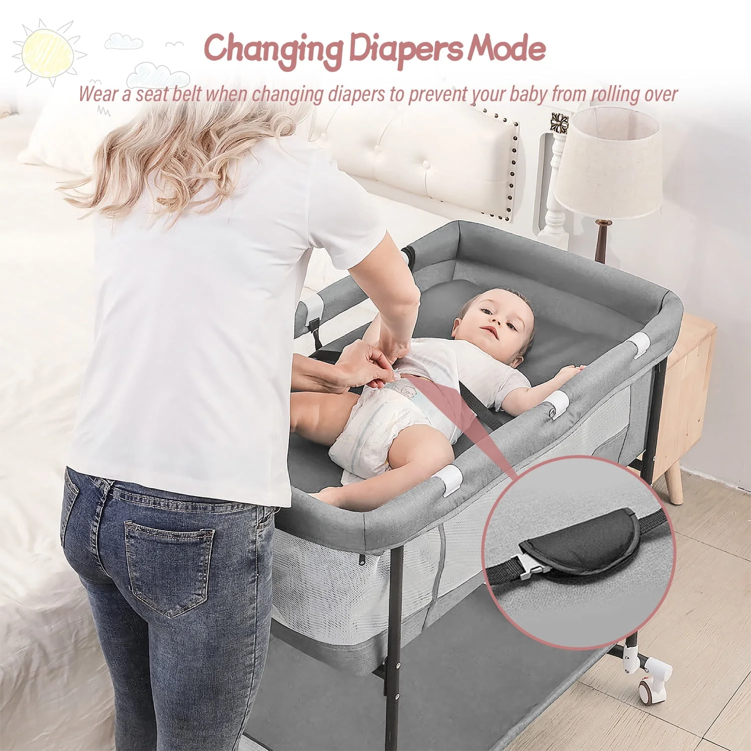 Yadala Bassinet, 4 in 1 Portable Rocking Bedside Bassinet for Baby Newborn with Mattress & Diaper Pad, Grey