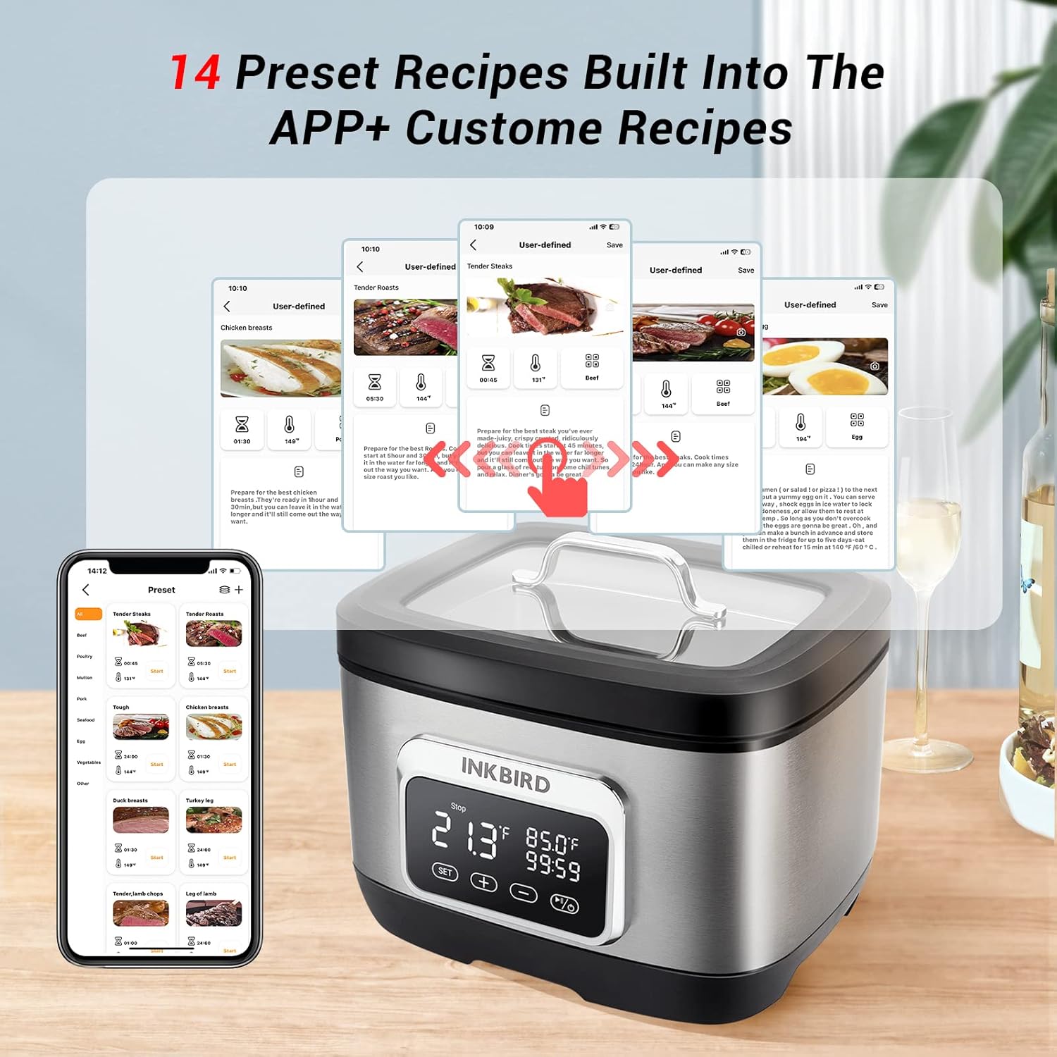 Inkbird 700W 3 in 1Wifi Sous Vide Water Oven with Rack Divider and 14 Preset Recipes, 3D Electromagnetic Water Circulation Rapid Heating,Wifi Control & Timer, 8L Capacity,Wif|Gift Idea (ISV-500W)