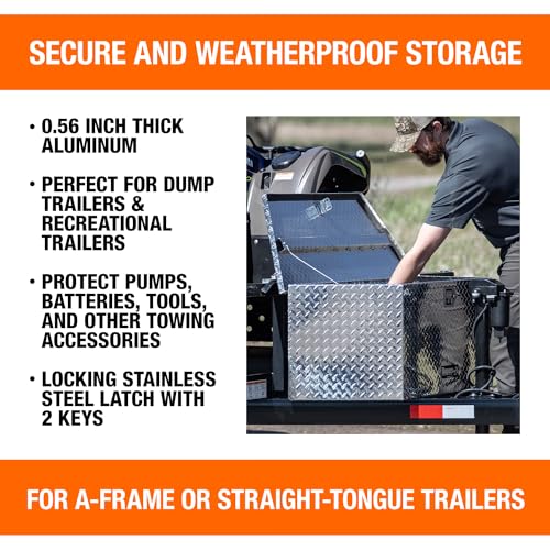 Buyers Products 1701385 Aluminum Trailer Tongue Box, 18.3 x 16.1 x 33.4 Inch, Silver Diamond Tread, Made In The USA, Trailer Tongue Tool Box For Storage and Organization, Trailer Storage Box